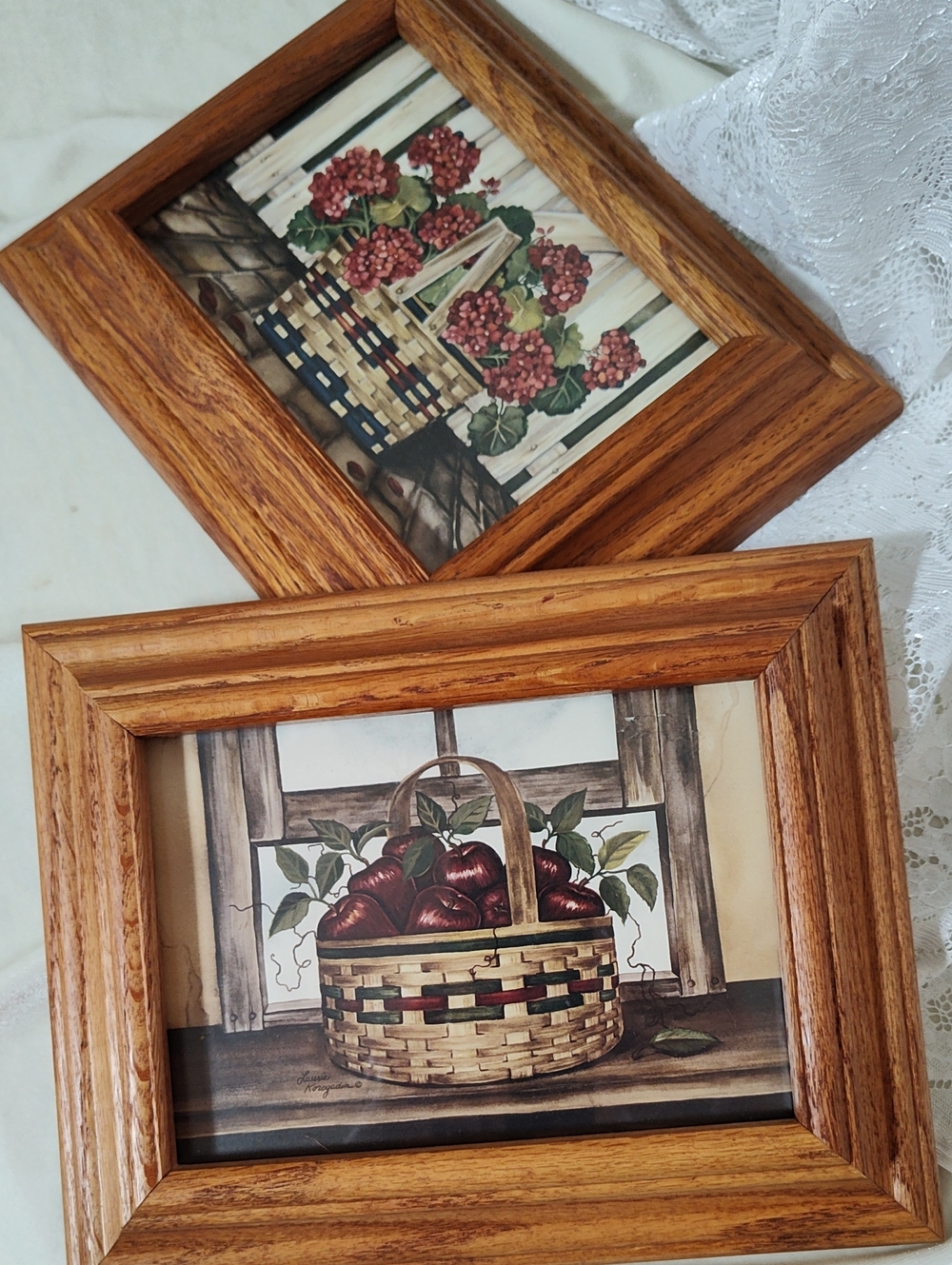 Brown Wood Picture Frame with Apple Basket Art